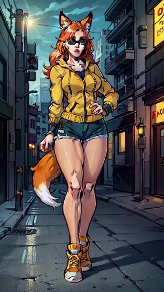 Masterpiece, 1girl, solo, (best quality,4k,8k,highres,masterpiece:1.2), ultra-detailed, Skinny fox girl, (yellow sunglasses, green jacket, black shorts, yellow sneakers, orange hair, fox tail), ((detailed clothes, detailed fur texture, intricate detail, highly detailed, fine details best quality, hyperdetailed face)), cyberpunk, city background, ((detailed background, , bright color tones, digital art beautiful lighting,