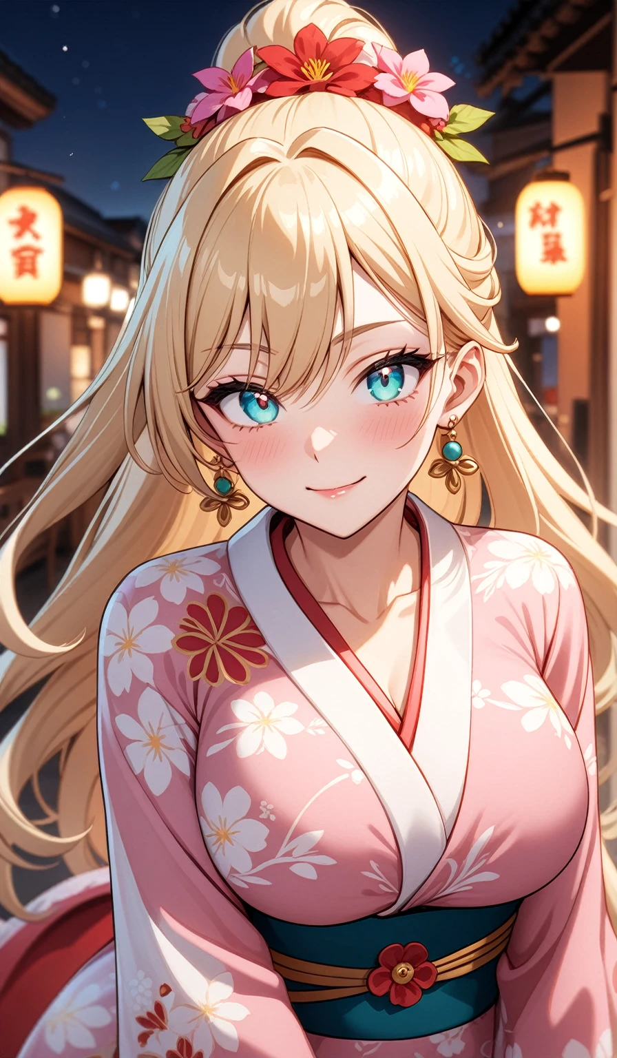 ((One personの女性)), Beautiful Face, Embarrassed but happy,((Wink:2.0)),Laugh with your mouth wide open,((Red cheeks:1.4)),Glossy pink lips,night,rooftop,Festive decorations,You can see the ocean, firework,((Anime style background)),masterpiece, Highest quality, so beautiful, Latest, Complex details, (Pink long nails),(ring),(flower bracelet),Floral choker,AI-generated, Complex,High resolution, Highest quality, super high quality,3D Images、View your viewers、3D Images,One person,Long blonde hair,High Ponytail,Turquoise Eyes,Anime woman posing for a photo, (Fine grain,Colorful eyes,Shining Eyes:1.3),(Squint your eyes:1.1),a hyperRealistic , hyperRealistic , Realistic,Blonde anime woman with long hair, Smooth anime CG art, A woman in a colorful kimono with gold embroidery, (Pink long sleeve kimono),Red floral pattern,Long flower hair ornament,Large floral earrings,(ring),(Big Breasts:1.1),Mature Body,Tall,Big Ass,Narrow waist,Abdominal muscles,(Zoom in on face:1.2),Shooting from an angle