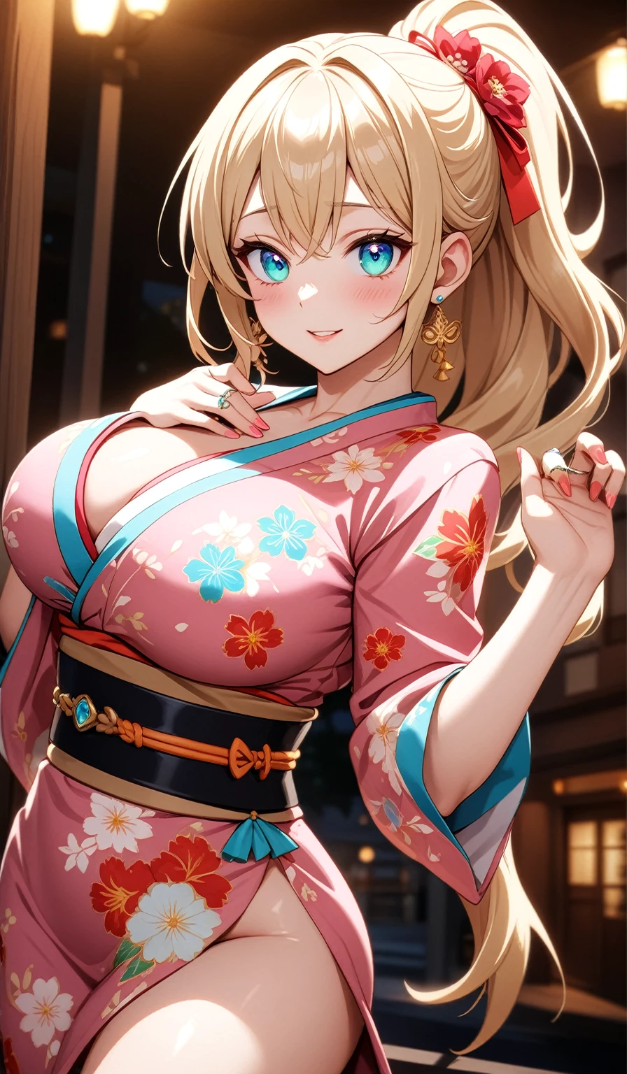 ((One personの女性)), Beautiful Face, Embarrassed but happy,((Wink:2.0)),Laugh with your mouth wide open,((Red cheeks:1.4)),Glossy pink lips,night,rooftop,Festive decorations,You can see the ocean, firework,((Anime style background)),masterpiece, Highest quality, so beautiful, Latest, Complex details, (Pink long nails),(ring),(flower bracelet),Floral choker,AI-generated, Complex,High resolution, Highest quality, super high quality,3D Images、View your viewers、3D Images,One person,Long blonde hair,High Ponytail,Turquoise Eyes,Anime woman posing for a photo, (Fine grain,Colorful eyes,Shining Eyes:1.3),(Squint your eyes:1.1),a hyperRealistic , hyperRealistic , Realistic,Blonde anime woman with long hair, Smooth anime CG art, A woman in a colorful kimono with gold embroidery, (Pink long sleeve kimono),Red floral pattern,Long flower hair ornament,Large floral earrings,(ring),(Big Breasts:1.1),Mature Body,Tall,Big Ass,Narrow waist,Abdominal muscles,(Zoom in on face:1.2),Shooting from an angle