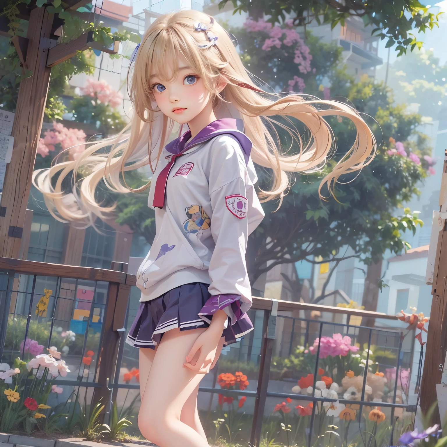 cute face, masterpiece, Highest quality, One girl, alone, , Quarter Japanese, Blonde Hair, Long Hair, Purple eyes, Side-parted bangs, Short bangs, Medium chest, Play sports often, Bloomers, Outdoor, Athletics, Conceit