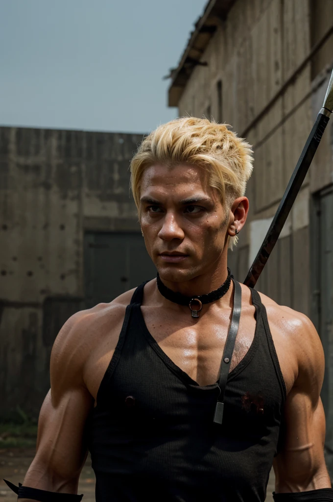 a buff man with blonde shaved upper cut hair wearing a black choker holding a spear in the zombie apocalypse body sho