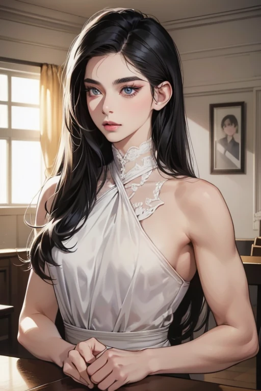 (table top, digital art, digital illustration, 4k, 8k, super detailed, beautiful images, clear image, realistic, RAW photo, perfect face, perfect lines, perfect eyes, soft lighting) ,1 female, (long black hair,straight hair,bullish look,beautiful woman,grace,Make up well,23 is a novel,:1.3),Two handsome men in suits, (human,muscular,solid shoulder width, mens,boyish hairstyle,british gentleman's style,A man in his 30s with a cool expression,28 year old man with a bright smile:1.2),Show your white teeth and smile(embarrassing,shy smile:1.1),garden full of light、squirt、resort sofa、colorful flowers、innocent smile,smile、couple kissing、kiss、the kiss、romance、Afternoon tea、lunch