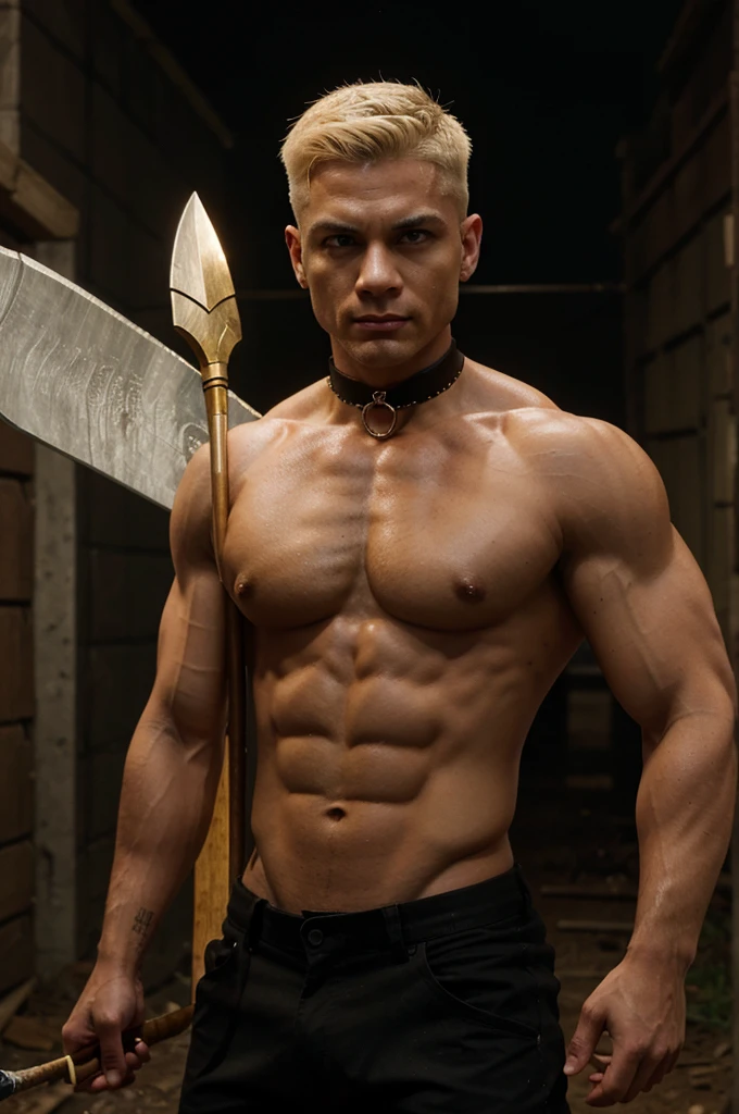 a buff man with blonde shaved upper cut hair wearing a black choker holding a spear in the zombie apocalypse body sho