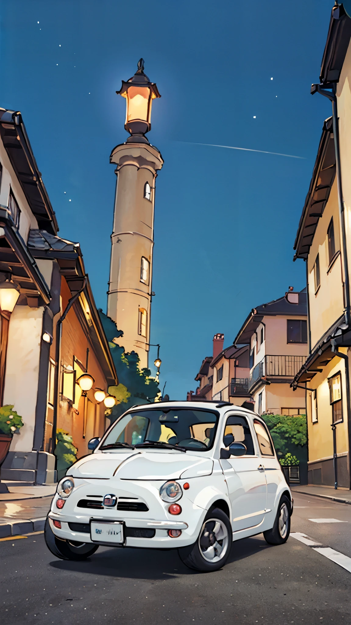 (masterpiece:1.2, Highest quality),(Very detailed),(((Anime Style))),8k,wallpaper,Fiat 500,Run,night,Light,((車のヘッドLightがついている)),(((ghibli style)))