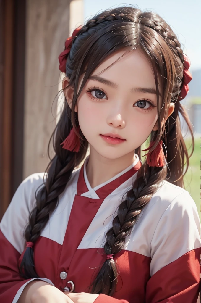 A girl, long braids, Tibetan girl, close-up, slightly raised head, smile, bust photo, uppe
