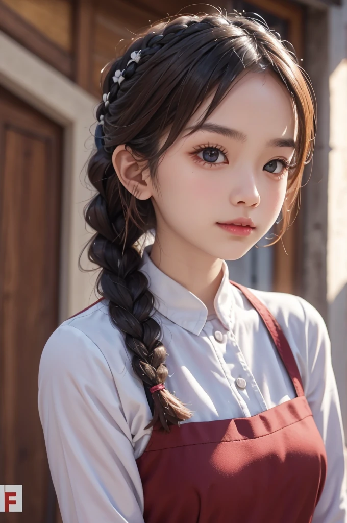 A girl, long braids, Tibetan girl, close-up, slightly raised head, smile, bust photo, uppe