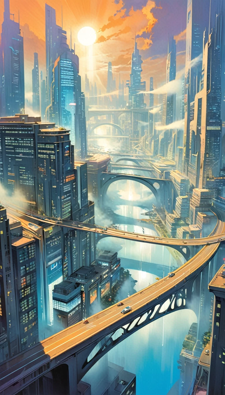 (future city:1.5), city street landscape, bridges, fog, art inspired by Bill Sienkiewicz.