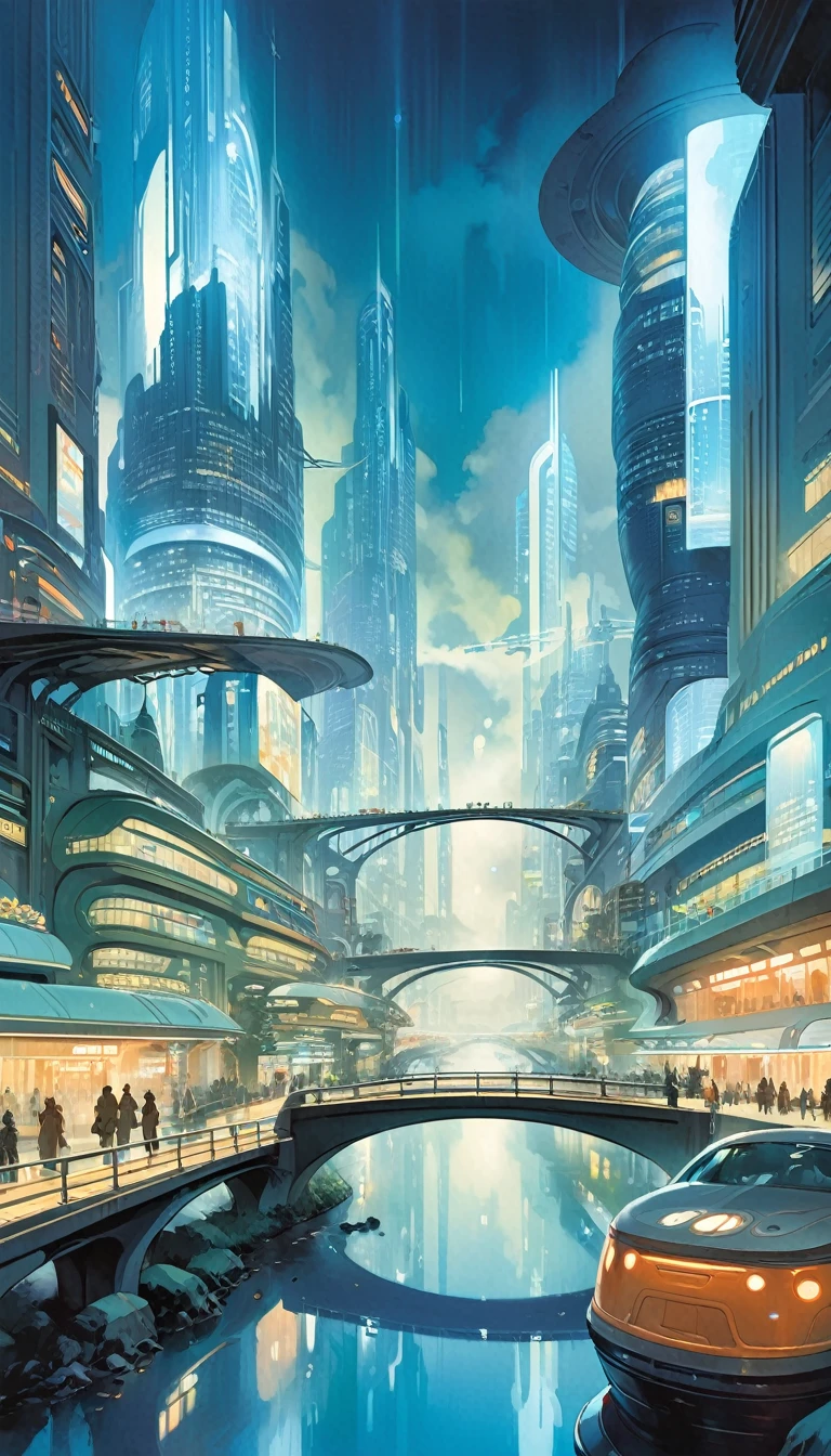 (future city:1.5), city street landscape, bridges, fog, art inspired by Bill Sienkiewicz.