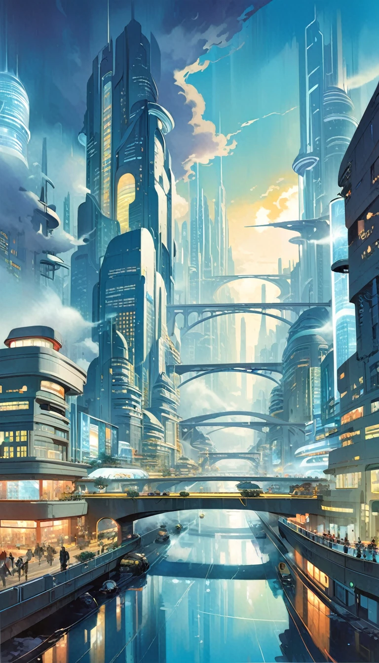 (future city:1.5), city street landscape, bridges, fog, art inspired by Bill Sienkiewicz.