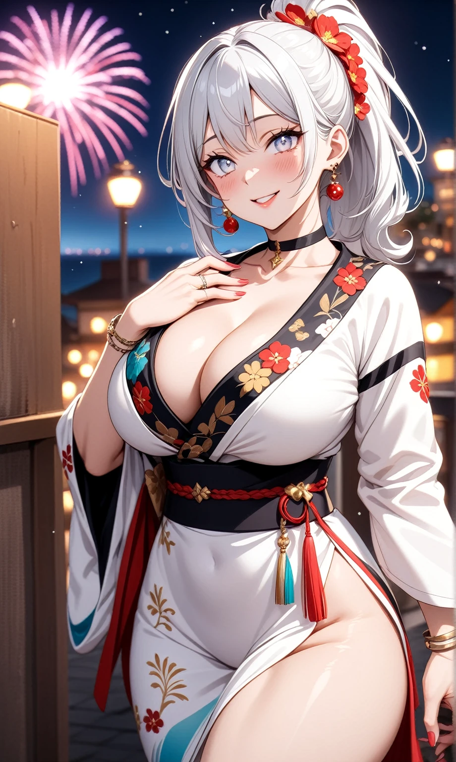 ((One personの女性)), Beautiful Face,Laughing shyly,((Wink:2.0)),Laugh with your mouth wide open((Bright red cheeks:1.4)),Glossy pink lips,night,rooftop,Festive decorations,You can see the ocean, firework,Laughing with your mouth open,Glossy pink lips,Lighting on the face,((Anime style background)),masterpiece, Highest quality, so beautiful,Latest, Complex details, (Pink long nails),(ring),(bracelet),(choker),AI-generated, Complex,High resolution, Highest quality, super high quality,3D Images、View your viewers、3D Images,One person,Long white hair,High Ponytail,(blue eyes),Anime woman posing for a photo, ((Fine grain、Silvery white colorful eyes、Shining Eyes:1.4)),(Squint your eyes:1.1),a hyperRealistic , hyperRealistic , Realistic,Anime woman with long and white hair, Smooth anime CG art, A woman in a colorful kimono with gold embroidery, (Black long sleeve kimono),Red floral pattern,Long flower hair ornament,Big earrings,Mature Body,(Big Breasts:1.1),Tall,Abdominal muscles,Narrow waist,(Zoom in on face:1.2),Shooting from below at an angle