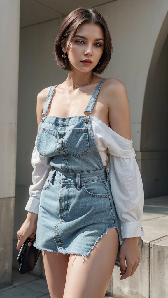 Create an image of a 25-year-old woman with a defiant attitude. She has short, bob-cut silver hair and striking blue eyes. She wears round-framed sunglasses and exudes a confident, almost rebellious aura. Her outfit consists of a white off-shoulder shirt that contrasts sharply with her black mini-skirt. Her makeup is bold, with red eyeshadow accentuating her eyes, a touch of pale red blush on her cheeks, and striking rouge lipstick on her lips. She sports small, round silver earrings. Ensure her stance and expression convey a sense of unapologetic confidence, as if she’s ready to challenge anyone who crosses her path. She should appear self-assured, with a slight smirk and a piercing gaze that suggests she’s not easily intimidated. Her overall look should be chic yet edgy, embodying a strong, modern woman who is unafraid to stand out and assert herself.
This prompt captures the physical description and adds the attitude you specified, providing clear details for an AI image generator to work from.