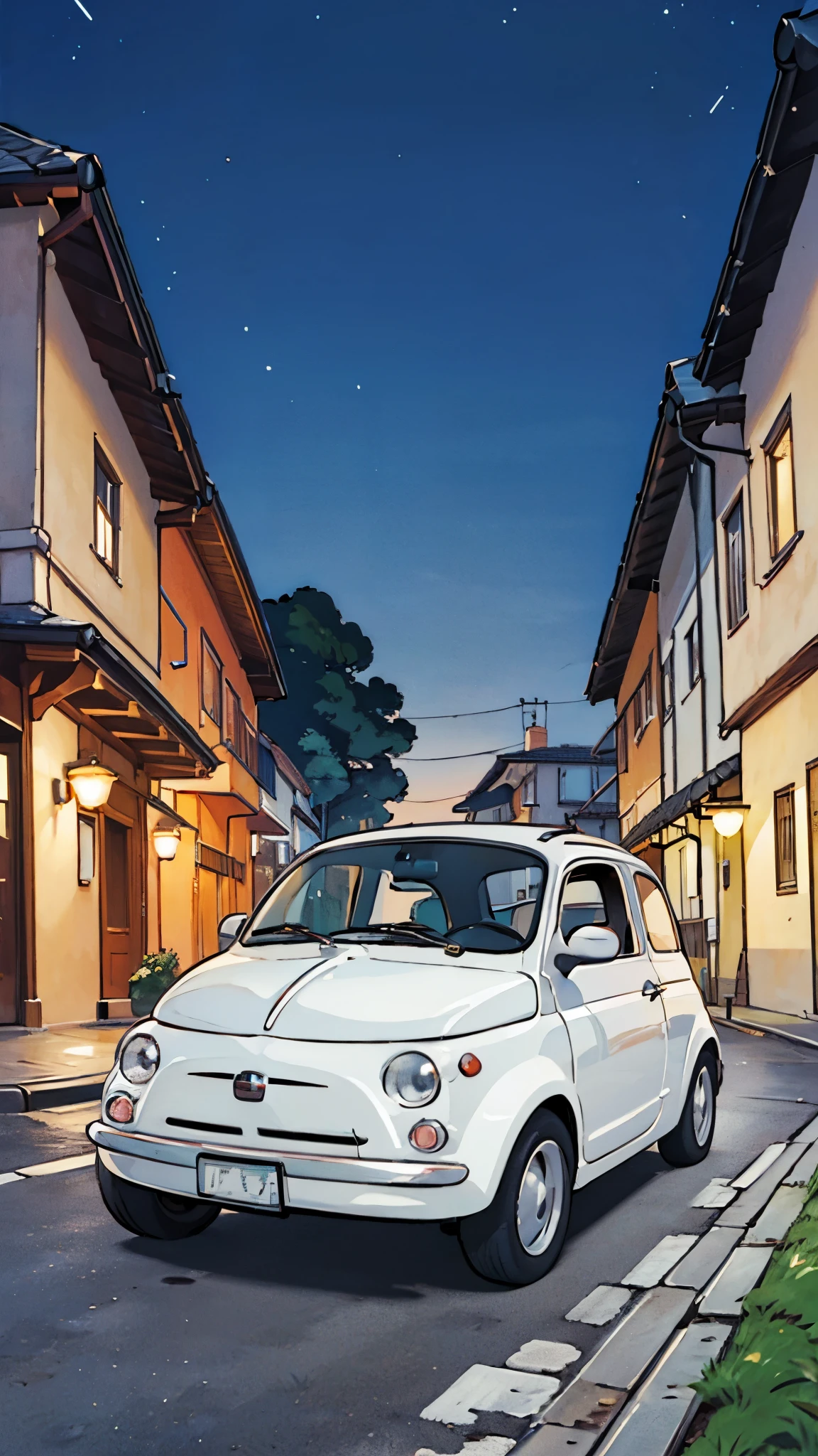 (masterpiece:1.2, Highest quality),(Very detailed),(((Anime Style))),8k,wallpaper,Fiat 500,Run,night,Light,カーLight,(((ghibli style)))