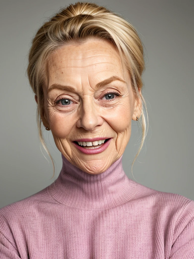 photo of a skinny very old wrinkly-faced faced mature blonde prostitute with fake eyelashes and plump-enhanced lips, messy long hair thrown into a messy bun ponytail. She wears: (turtleneck soft high ribbed baby pink super tight sweater:1.1), submissive seductive pose, high tight ribbed neck, seductive smile, perfect fake tits, horny eager granny, mouth wide open, tongue out, wrinkly face, old lady, wrinkly turkey neck