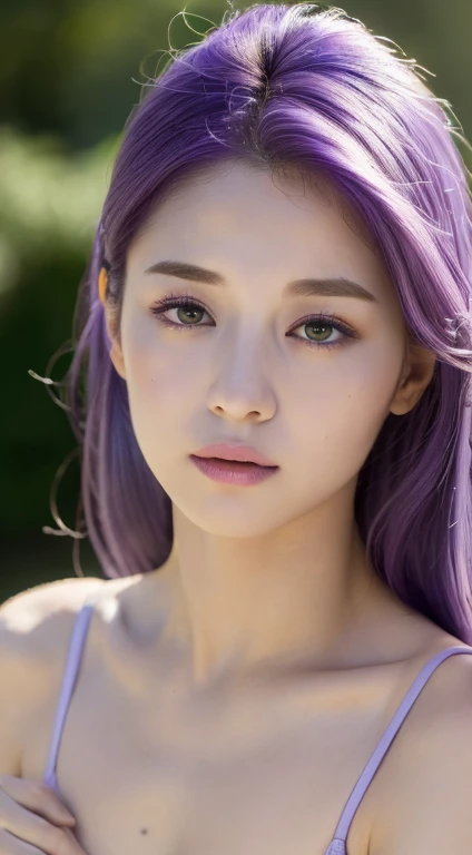 ((Top Quality, 8k, Masterpiece: 1.3)), Sharp Focus: 1.2, Perfect Body: 1.4, ((Purple Hair, Small Breasts: 1.2)), (Natural Soft Light, Park: 1.1), Height Detailed face and skin texture, detailed eyes, double eyelids, upper body, emphasis on chest (((dynamicposes)))