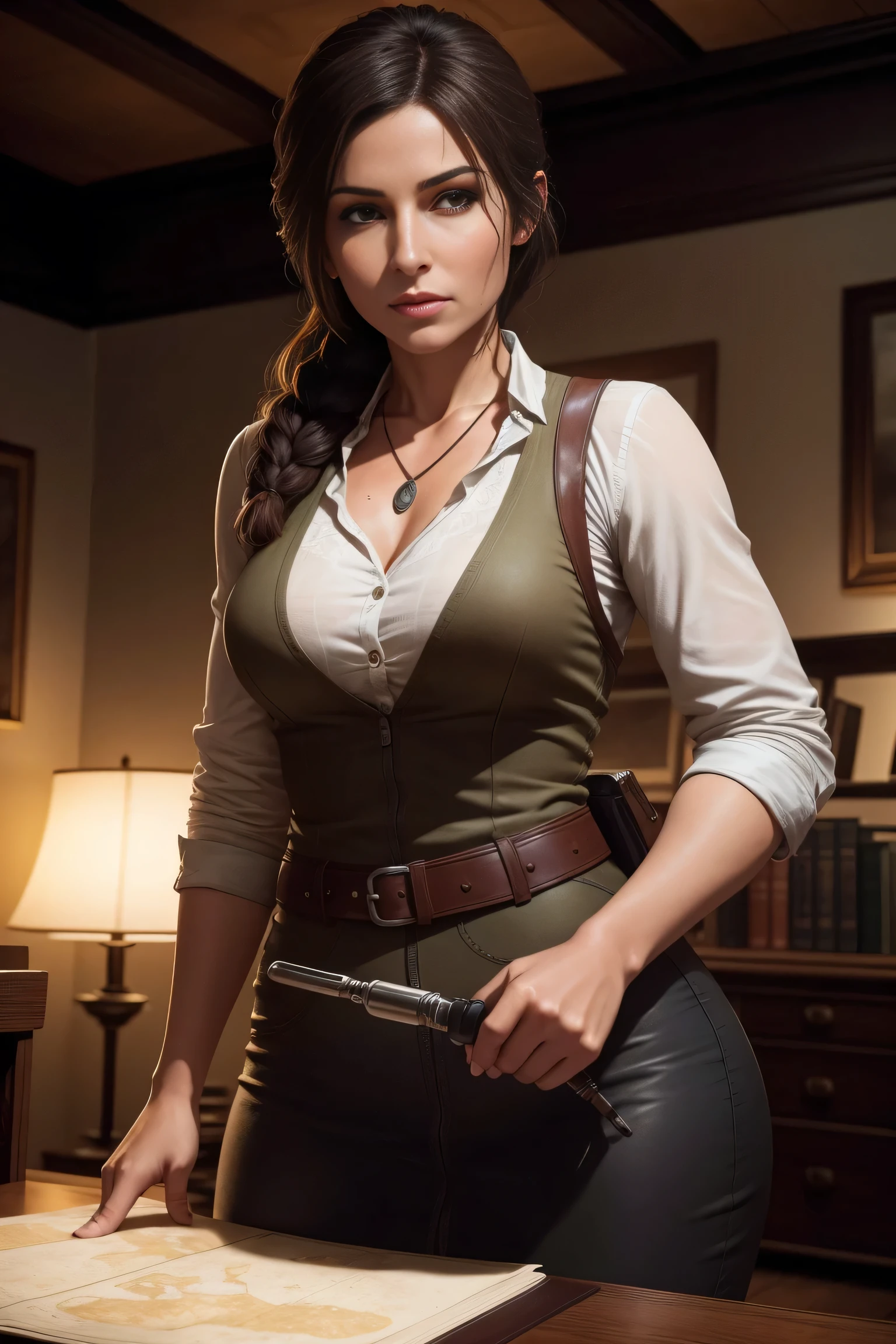Create an picture of Lara Croft in a study room within Croft Manor, intently examining a series of world maps hanging on the wall. The room should exude an air of historical charm and scholarly focus, with rich wooden furniture, a large desk cluttered with research materials, and shelves filled with books and artifacts. The maps on the wall are ancient, parchment-style maps. Lara, dressed in casual, stands close to the maps, using a magnifying glass. The lighting should be warm and focused. DLSR, sharp focus, soft lighting, masterpiece, perfect face, ultra detailed face, perfect brown eyes, beautiful face, photorealistic, 8k, masterpiece
