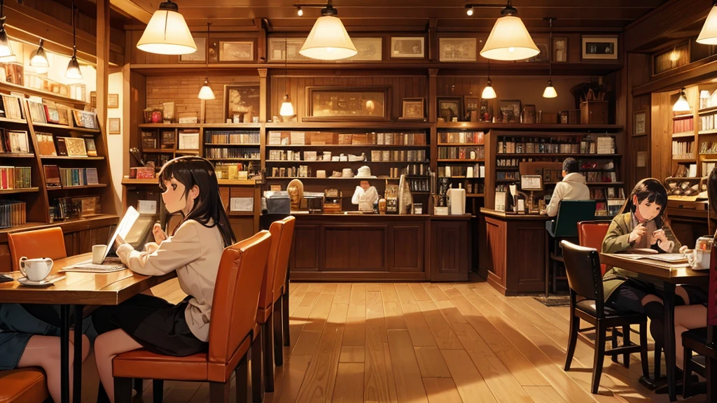 llustrate a cozy café scene with softly glowing lamps, steaming mugs of tea or coffee, and characters relaxing with books or laptops amidst shelves of vintage vinyl records