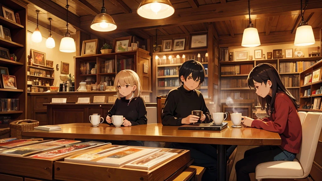 llustrate a cozy café scene with softly glowing lamps, steaming mugs of tea or coffee, and characters relaxing with books or laptops amidst shelves of vintage vinyl records