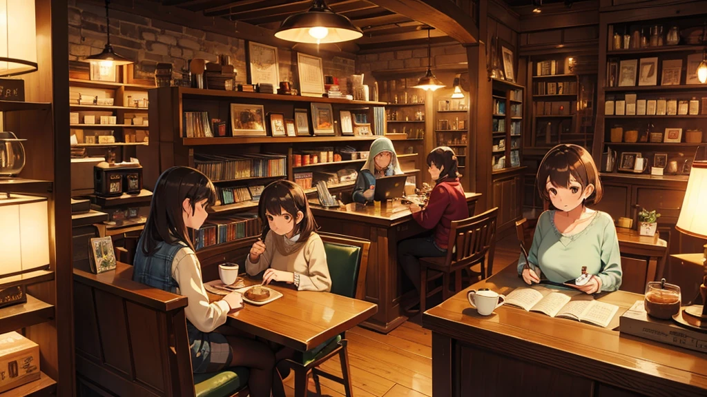 llustrate a cozy café scene with softly glowing lamps, steaming mugs of tea or coffee, and characters relaxing with books or laptops amidst shelves of vintage vinyl records