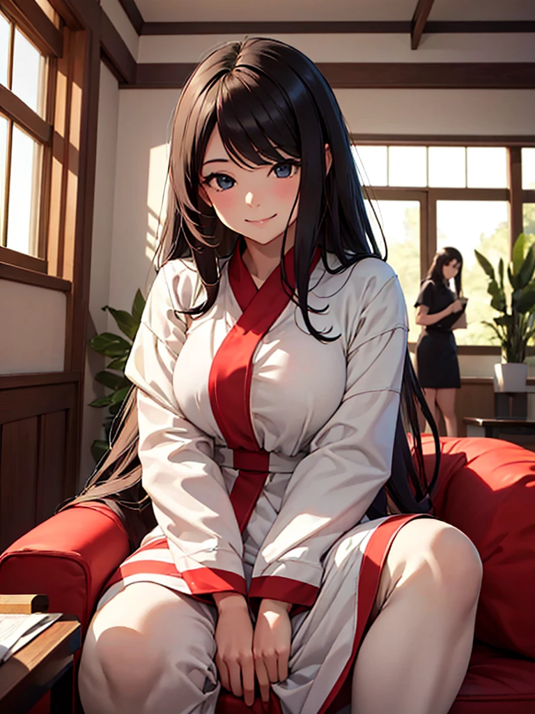 (masterpiece、top-quality、hight resolution), From the male client's perspective, depict a familiar call girl entering the room and engaging in casual conversation. The atmosphere is relaxed, and they appear comfortable with each other, indicative of their repeated encounters. The call girl is seated close to the client, smiling and chatting with ease. Their body language shows familiarity and ease, reflecting their established relationship. The setting is a private room, maintaining the professional context. Include subtle elements of humor, as they share a few jokes and light-hearted banter, indicative of their comfortable rapport. nsfw (red ribbon)