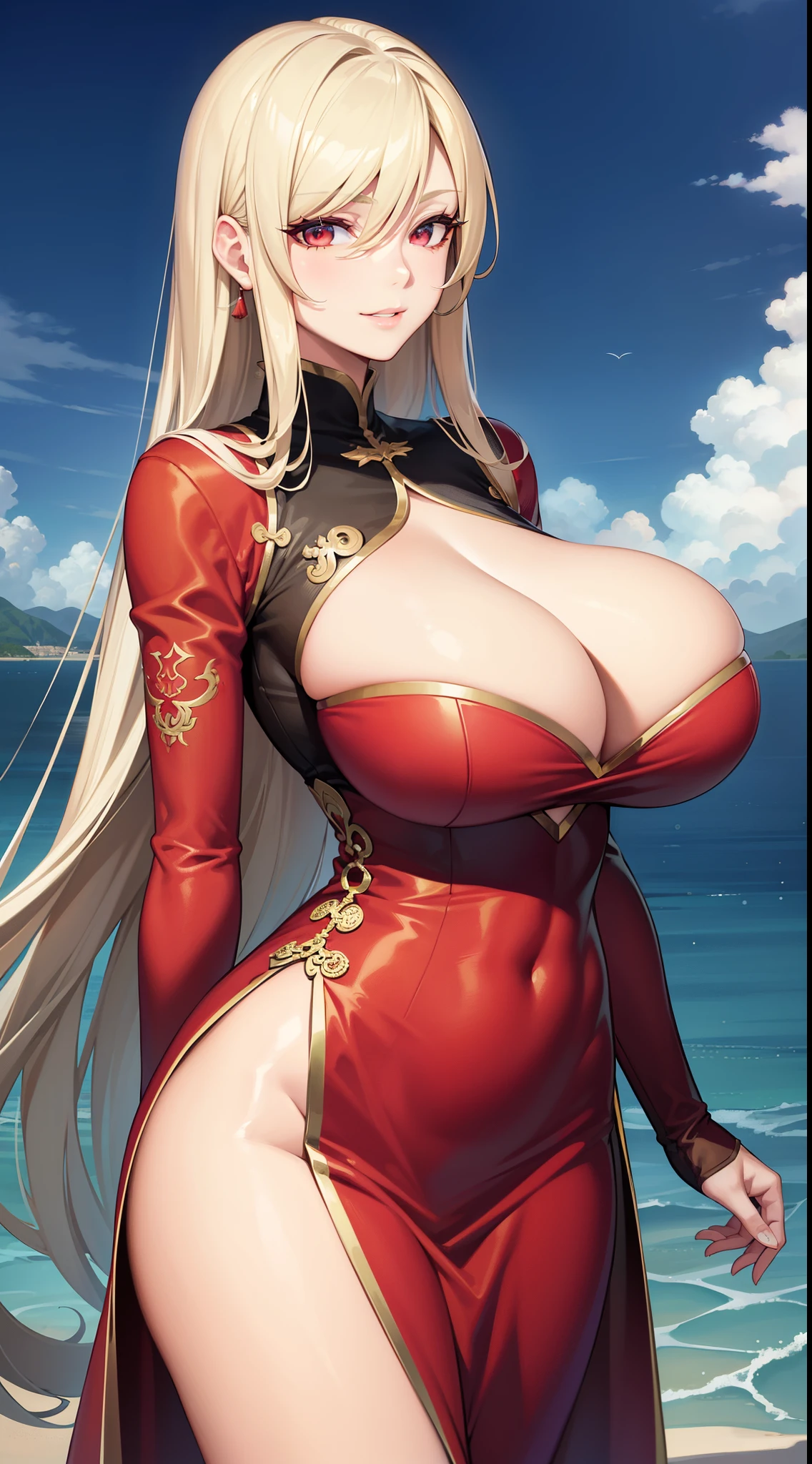 (Art: 1.2), (best quality: 1.2) 1 woman, mature, tall (1.85), She appeared to be around 28 years old, had long golden hair, straight and shiny hair, blood red eyes, extremely detailed, perfect eyes , extremely realistic eyes, well-aligned eyes, long eyelashes, anime style, perfect face, milf face, full lips, smiling, mature, clear skin, natural body, sexy body, MILF body, hands on waist, perfect hands, detailed hands, hands well proportioned to the body, realistic hands, arms with good anatomy, she wore an immortal Chinese oriental style golden dress, the dress still couldn't hide her extremely large and huge breasts that were hanging down due to her size, thick thighs, wide hips, Looking at the viewer, background scenery, scenery at a Chinese viewpoint on the edge of a lake, in the background posing the setting sun, alone Looking at the viewer