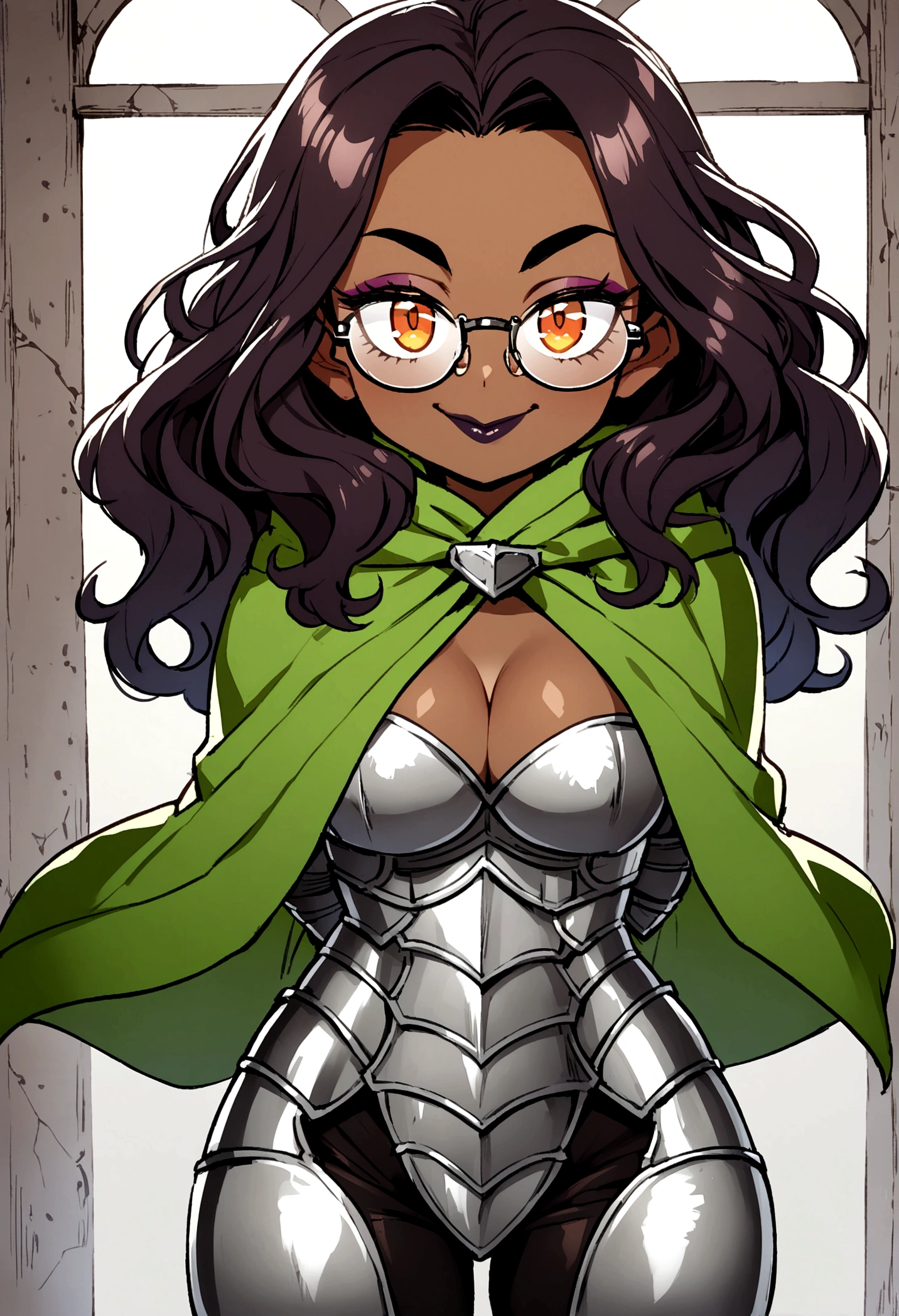 Perscription glasses, dark skin, short wavy hair, light orange eyes, dark lip stick, dark lip gloss, athletic, cleavage, smirking, wide eyes, green medieval cloak, steel armor, thick thighs, hands behind back, standing, facing viewer, tone, mischievous smile, 