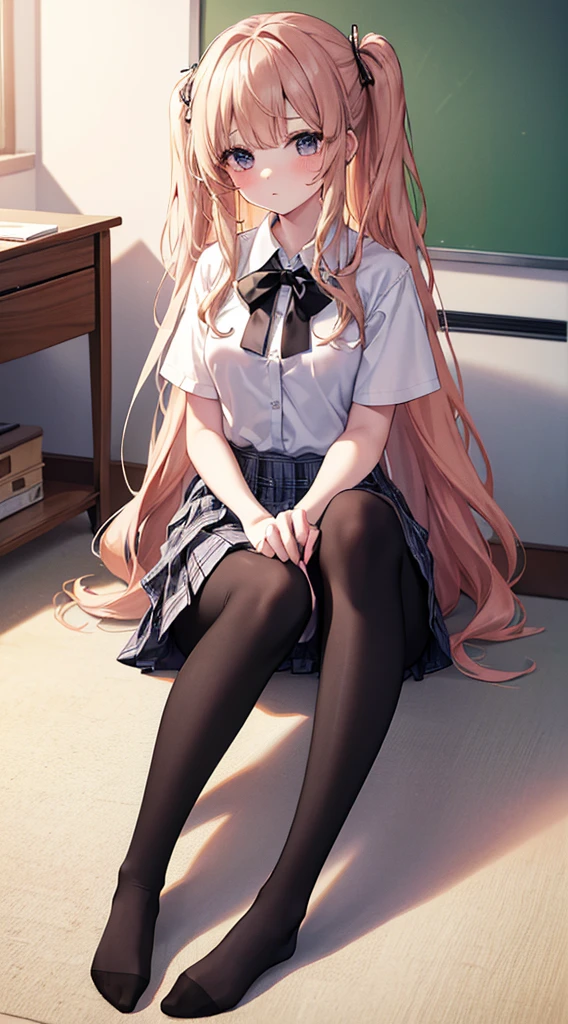 (8k、Best image quality、Highest quality、masterpiece)、One tall girl、((Full body))、Sitting on the floor、White panties are visible、Long Hair、Wavy Hair、blush、Moderate bust、White collared shirt、Short sleeve、((Plaid pleated mini skirt))、Classroom Background、((black tights))、Black Pantyhose、((No shoes))