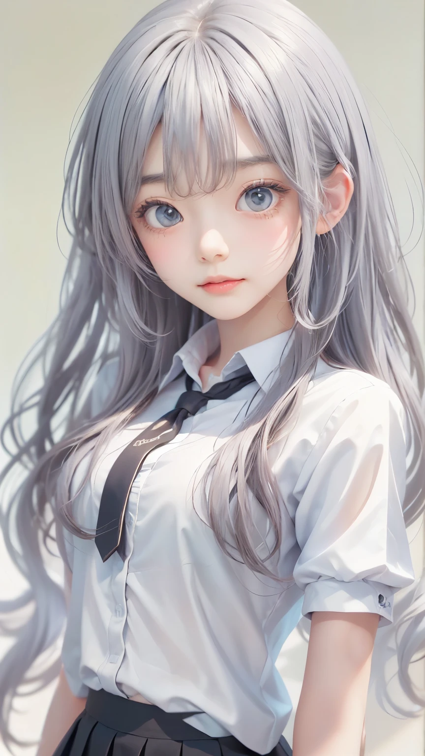 cute face, ((masterpiece, Highest quality)), (One girl), (alone), (Focus on women), (Ahoge, Gray Hair, Very long hair), Golden Eyes, A light smile, Open your mouth, ((White shirt), (Buttoned shirt), (Button gap)), ((Black Skirt), (Short skirt)), Are standing, White Background, Put your arms behind your back, Dynamic Angle,