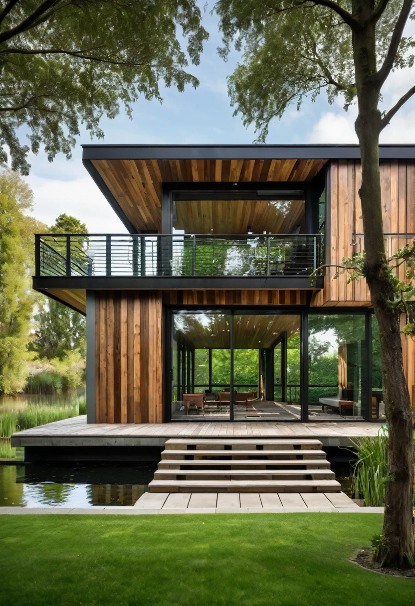 contemporary house with steel, wood and concrete structure, brise-brise style windows, deck overlooking a large duck pond, real grass