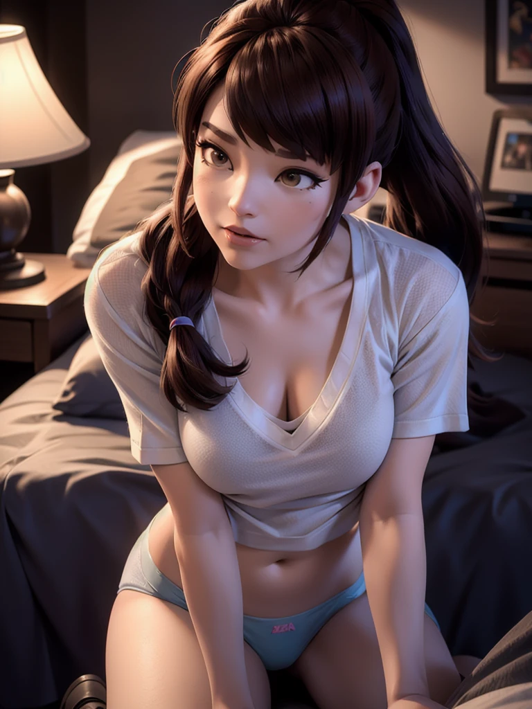 ((DVA from Overwatch)) without her mech, a woman with short brown hair in a (ponytail),she sits on her bed with her legs spread, high quality refelctions, volumetric lighting, she is wearing a ( ice white cropped loose fit t-shirt), very short sleeves, in her bedroom on her bed, 1 girl solo, cinematic lighting, high resolution, physically-based rendering, 8k, volumetric lighting, hyperrealistic, detailed facial features, masterpiece, full upper body, gaming setup in background, cinematic, you can see the fabric of the shirt and the knits very detailed,(she has very small breasts), (nsfw), the focus is on her whole body and the environment, cinematic screenshot, you can see the (whole room) and her sitting on the bed, she wears an underwear panty as she is going to sleep soon, realistic clothing, soft textures, warm cinematic