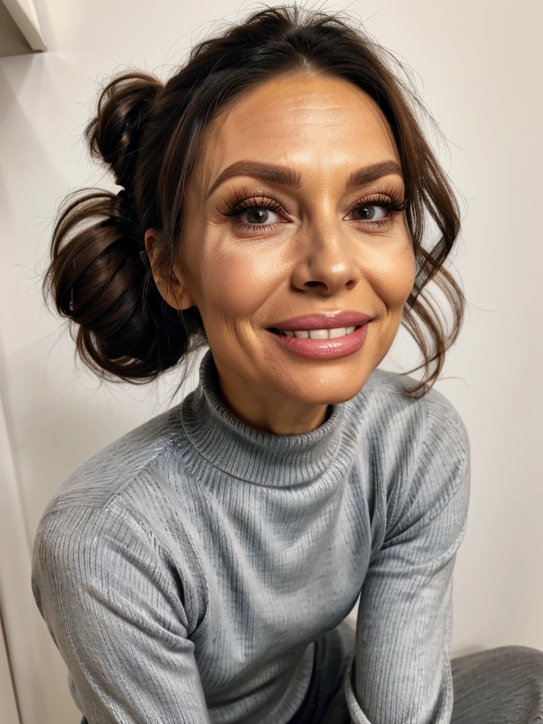 photo of a skinny very old wrinkly-faced faced mature brunette prostitute with fake eyelashes and plump-enhanced lips, messy long hair thrown into a messy bun ponytail. She wears: (turtleneck soft high ribbed super tight sweater:1.1), submissive seductive pose, high tight ribbed neck, seductive smile, perfect fake tits, horny eager granny
