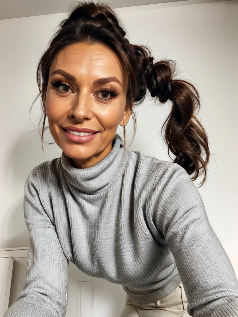 photo of a skinny very old wrinkly-faced faced mature brunette prostitute with fake eyelashes and plump-enhanced lips, messy long hair thrown into a messy bun ponytail. She wears: (turtleneck soft high ribbed super tight sweater:1.1), submissive seductive pose, high tight ribbed neck, seductive smile, perfect fake tits, horny eager granny