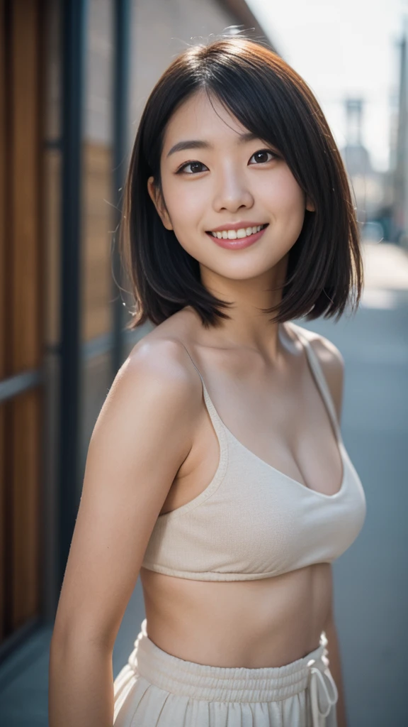 Japanese women, Portraiture, Upper Body, light smile, Medium Hair, nude, Warm tones, Urban Background, Industrial Building, photograph, Simplicity, High resolution, Natural Makeup, Young people, Fujifilm XT3, Canon R5, Fujicolor Fujichrome Velvia 100,smile,short hair、Upper Bodyのphotograph、