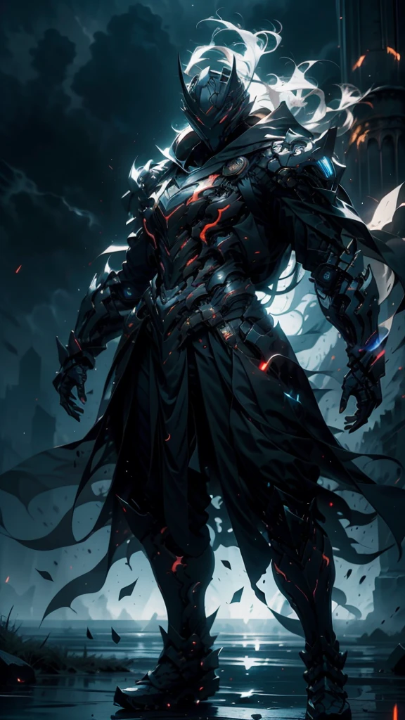 A fierce warrior in full white armor, wearing a large black circle symbol on his chest, wielding a big sword, dynamic battle-ready pose, highly detailed armor textures, sharp sword, dramatic stormy sky background, vivid colors, masterpiece, 8k, photorealistic, chiaroscuro lighting, strong contrast, cinematic composition