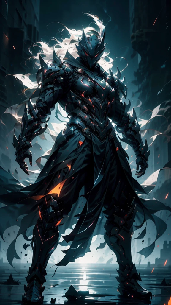 A fierce warrior in full white armor, wearing a large black circle symbol on his chest, wielding a big sword, dynamic battle-ready pose, highly detailed armor textures, sharp sword, dramatic stormy sky background, vivid colors, masterpiece, 8k, photorealistic, chiaroscuro lighting, strong contrast, cinematic composition