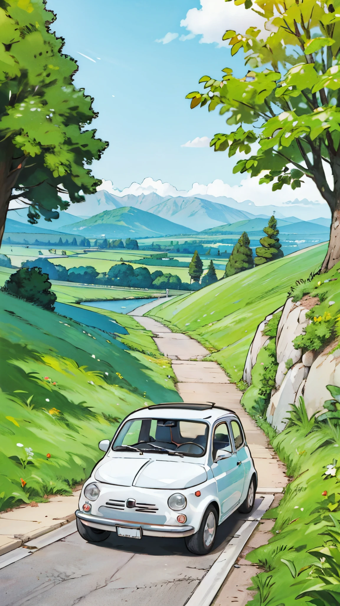 (masterpiece:1.2, Highest quality),(Very detailed),(((Anime Style))),8k,wallpaper,Fiat 500,Mountain,(ghibli style)