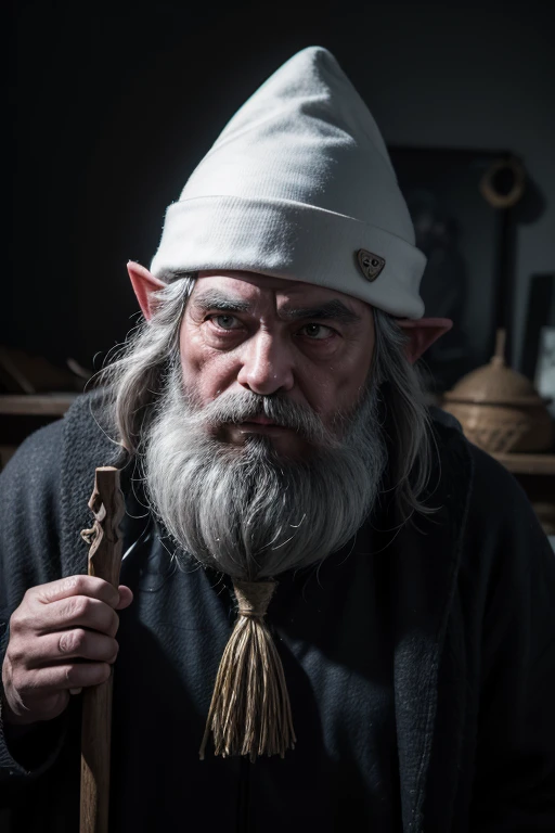 Create a visual representation of a dark gnome who is secretly a skilled craftsman of magical objects, highlighting his iconic white hat in a mysterious and dark scene, cor dos olhos escuras, fundo escuro, semblante alegre
