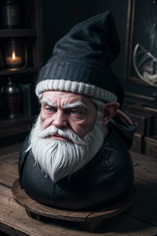 Create a visual representation of a dark gnome who is secretly a skilled craftsman of magical objects, highlighting his iconic white hat in a mysterious and dark scene, cor dos olhos escuras, fundo escuro, semblante alegre