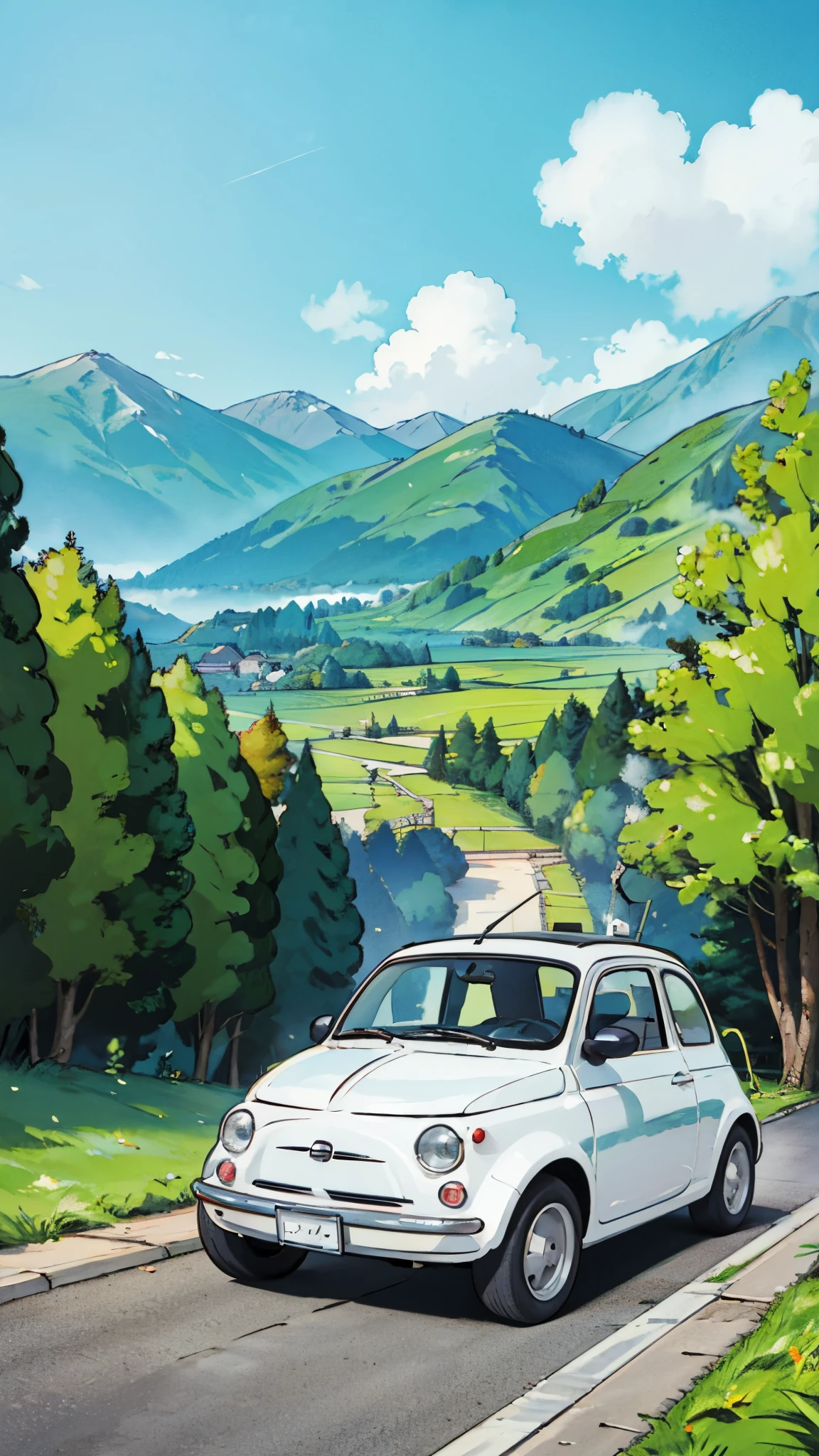 (masterpiece:1.2, Highest quality),(Very detailed),(((Anime Style))),8k,wallpaper,Fiat 500,Mountain,(ghibli style)