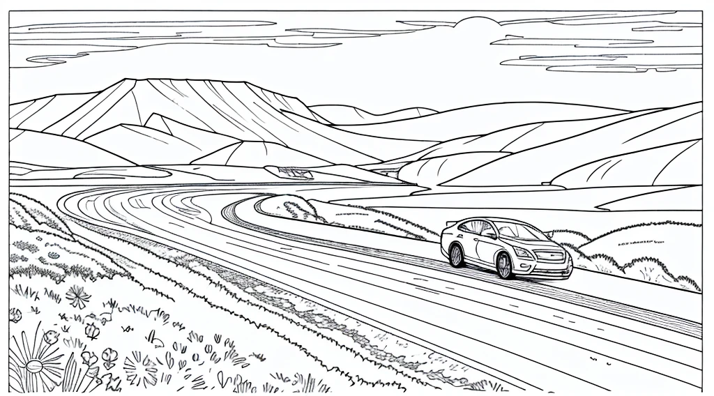 Colouring book page, beautifully drawn, black and white, car racing in the mountains and on the coast, standing alone on land, simple line, illustration, ink drawing, thick outlines very visible, clean lines, dashed drawing, clipart. A car is moving along the road, another car is catching up with it from behind. The sea and mountains are in the background.