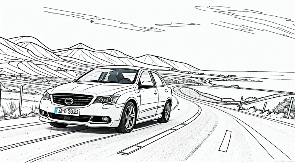 Colouring book page, beautifully drawn, black and white, car racing in the mountains and on the coast, standing alone on land, simple line, illustration, ink drawing, thick outlines very visible, clean lines, dashed drawing, clipart. A car is moving along the road, another car is catching up with it from behind. The sea and mountains are in the background.