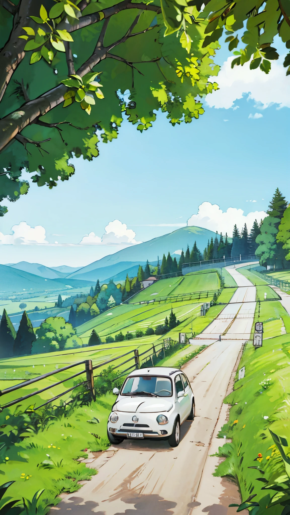 (masterpiece:1.2, Highest quality),(Very detailed),(((Anime Style))),8k,wallpaper,Fiat 500,Mountain,(ghibli style)