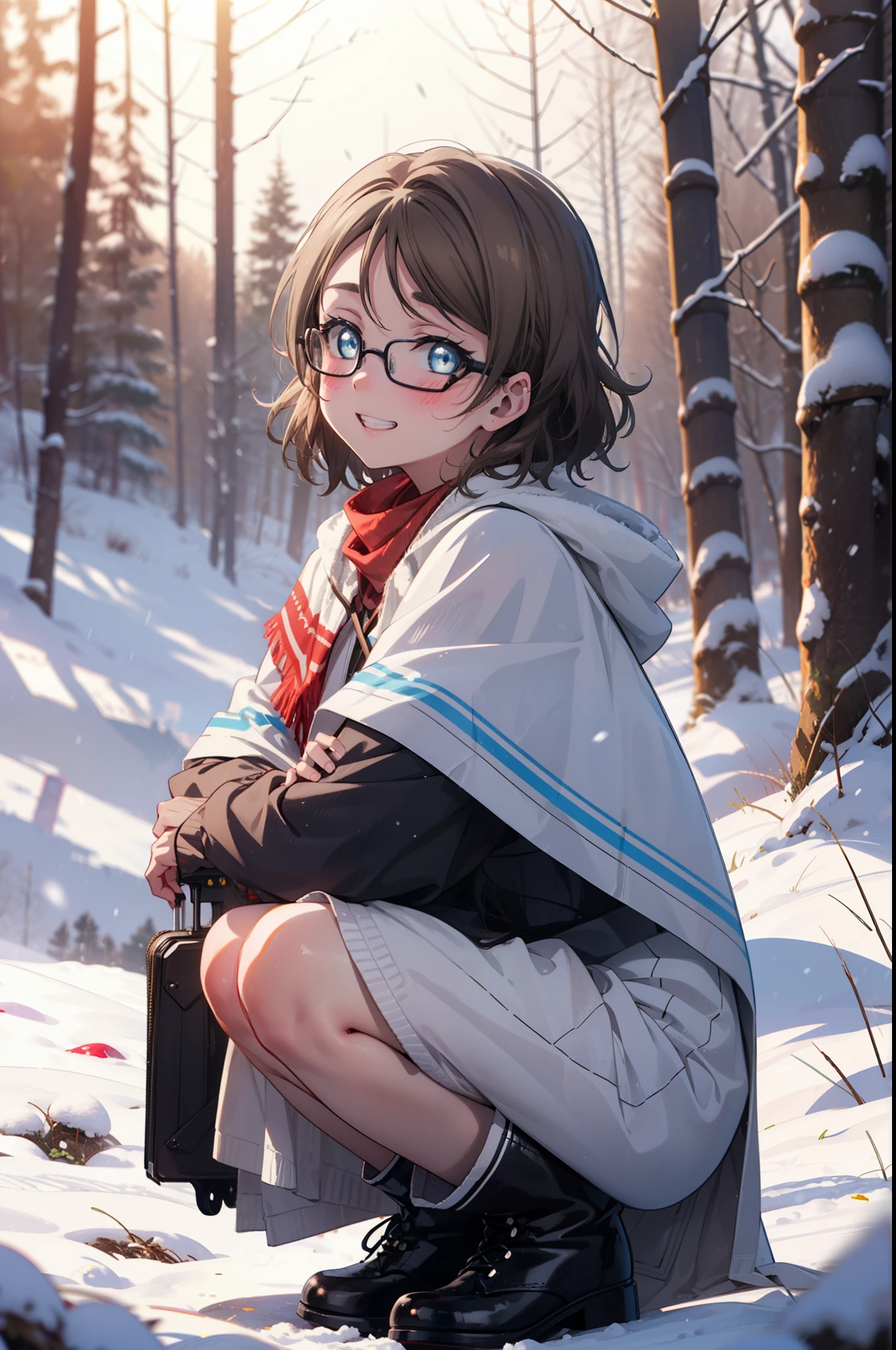 Yo Watanabe, Yu Watanabe, short hair, blue eyes, Brown Hair, smile, Grin,Mid-chest,Black-rimmed glasses,
Open your mouth,snow,Ground bonfire, Outdoor, boots, snowing, From the side, wood, suitcase, Cape, Blurred, having meal, forest, White handbag, nature, Squat, Mouth closed, Cape, winter, Written boundary depth, Black shoes, red Cape break looking at viewer, Upper Body, whole body, break Outdoor, forest, nature, break (masterpiece:1.2), Highest quality, High resolution, unity 8k wallpaper, (shape:0.8), (Beautiful and beautiful eyes:1.6), Highly detailed face, Perfect lighting, Highly detailed CG, (Perfect hands, Perfect Anatomy),