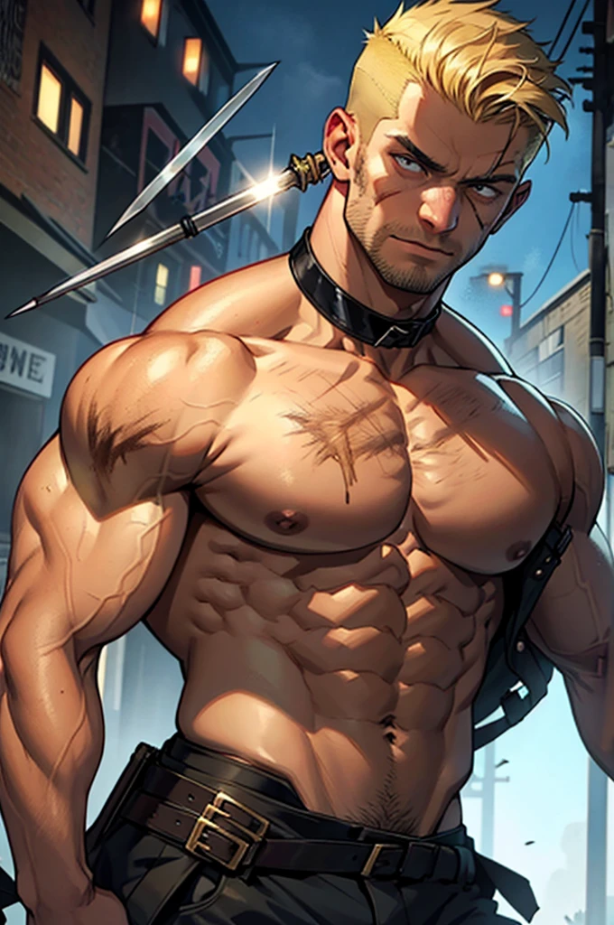 a buff man with blonde shaved upper cut hair wearing a black choker holding a spear in the zombie apocalypse body shot