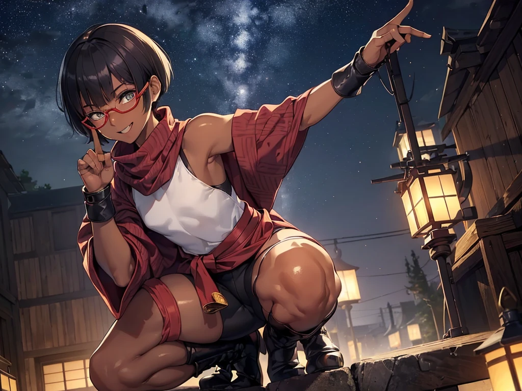 (flat chest:), (masterpiece:1.2), highest quality, High resolution, unity 8k wallpaper, (fine and beautiful eyes:1.6), highly detailed face, perfect lighting, Detailed CG, (perfect hands, perfect anatomy), (1 boy solo:1.4), 20 years old, black hair, extremely beautiful detailfeminine face and eyes, (evil smile:1.4), detailed eyes, best quality,( dark skin:1.8), (turtleneck shirt under yukata:1.2), (bike shorts:1.2), extremely detailed, very precise detailed, (glasses:1.3), blunt bangs, open mouth, (very short pixie cut:1.2), boots,fingerless gloves, smile, half closed eyes, ,(on kawara roof),night sky, ,long sidelocks,(long red Scarf),(yukata),(squatting), ears,(acrobat pose:1.3),(squat:1.3),leaning forward,(one knee dwon:1.5),(Put one foot in front:1.3),(stylish pose:1.4),(arm up:1.4),(Raise index finger)