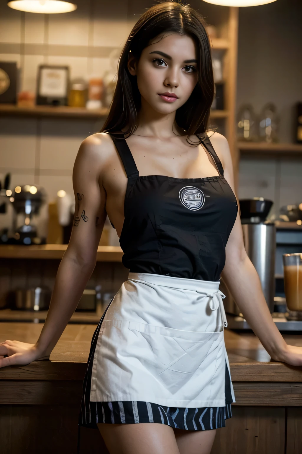 (film grain),summer,hot,Lazy afternoon, hispanic, full body portrait,(((original photo))),A sexy girl works at a counter in a cafe,The body shape of 34-26-36 is an hourglass shape,(Barista Apron、long apron、stripe、pattern、badge、pattern:1.5),rim light, clavicle, beautiful face,tattoos on the arms,belly button,wide hips, slender waist,(((long legs))),Idol, depth of field, tilt, reflective,lifelike, 超high resolution, high quality,soft light,best quality,masterpiece,8K,Super real,(film grain, Color difference, sharp focus, in the darkness, deep shadow, low profile, cold light, sexy look). portrait style, Professional commercial photography, meticulous,(fine grained), (highest detail) ○○ res – 超high resolution , The texture is very high (Water highlight resolution), lifelike hands and fingers – (Realistic and beautiful 4k) , 8K,Extreme details, (highest quality fabric texture), every detail,Exquisite facial features, masterpiece – masterpiece○○Quality – (best quality) ,Leica film, High quality ○○ detailed – ○○ super detailed(Super fine ), lifelike, Very detailed(Very detailed) , meticulous, Resolution – ○○ Resolution Ultra high resolution(high resolution)
INFO