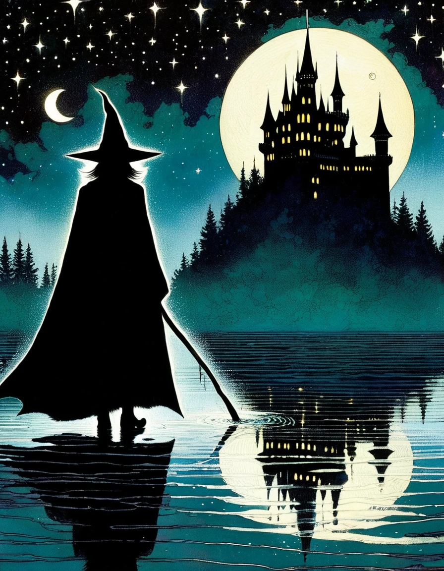 Black cat, alone, witch, Have, Cape, Black Short Hair, Long Tail, Walking on Water, Reflective water, castle, Tower, forest, night, starry sky, star\(symbol\),moon, no human, , masterpiece, highest quality, Super detailed, art inspired by Bill Sienkiewicz.