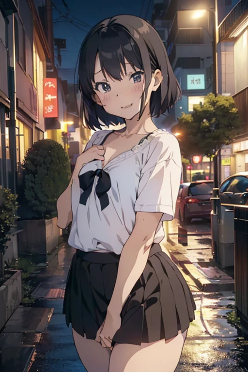 NSFW,alone,((Anime Style:2,Mature Woman,Shyness,Flat Chest:1.3,80 years old,Poor body)),Watery eye,random hairstyle,Night Park,(((embarrassed,Lift up own skirt,show sexy Panties))),Half-open mouth