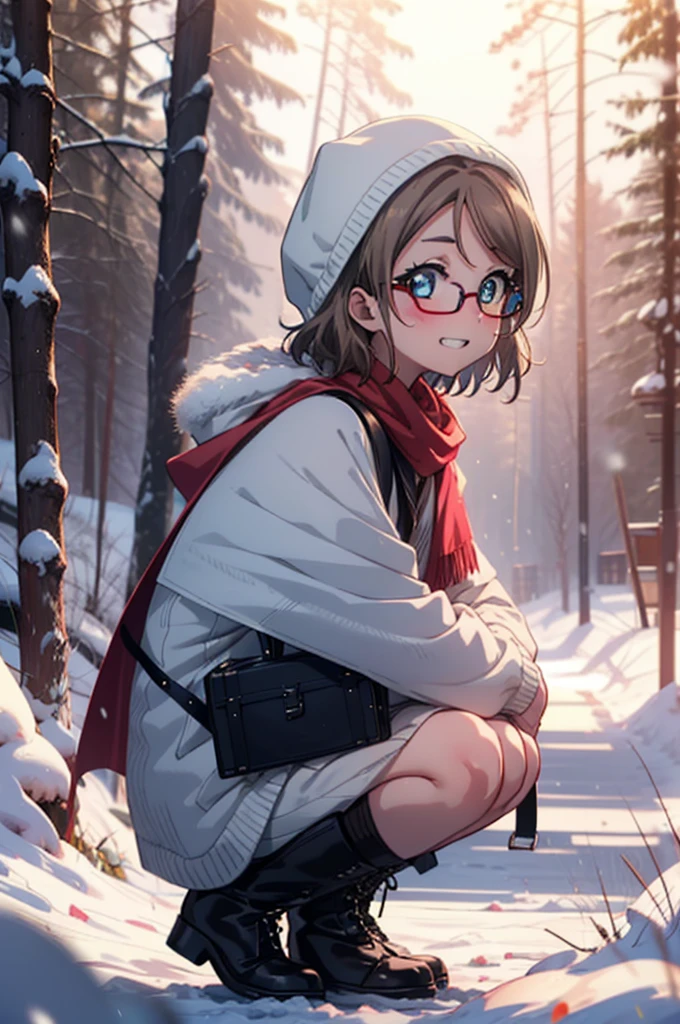 Yo Watanabe, Yu Watanabe, short hair, blue eyes, Brown Hair, smile, Grin,Mid-chest,Black-rimmed glasses,
Open your mouth,snow,Ground bonfire, Outdoor, boots, snowing, From the side, wood, suitcase, Cape, Blurred, having meal, forest, White handbag, nature, Squat, Mouth closed, Cape, winter, Written boundary depth, Black shoes, red Cape break looking at viewer, Upper Body, whole body, break Outdoor, forest, nature, break (masterpiece:1.2), Highest quality, High resolution, unity 8k wallpaper, (shape:0.8), (Beautiful and beautiful eyes:1.6), Highly detailed face, Perfect lighting, Highly detailed CG, (Perfect hands, Perfect Anatomy),
