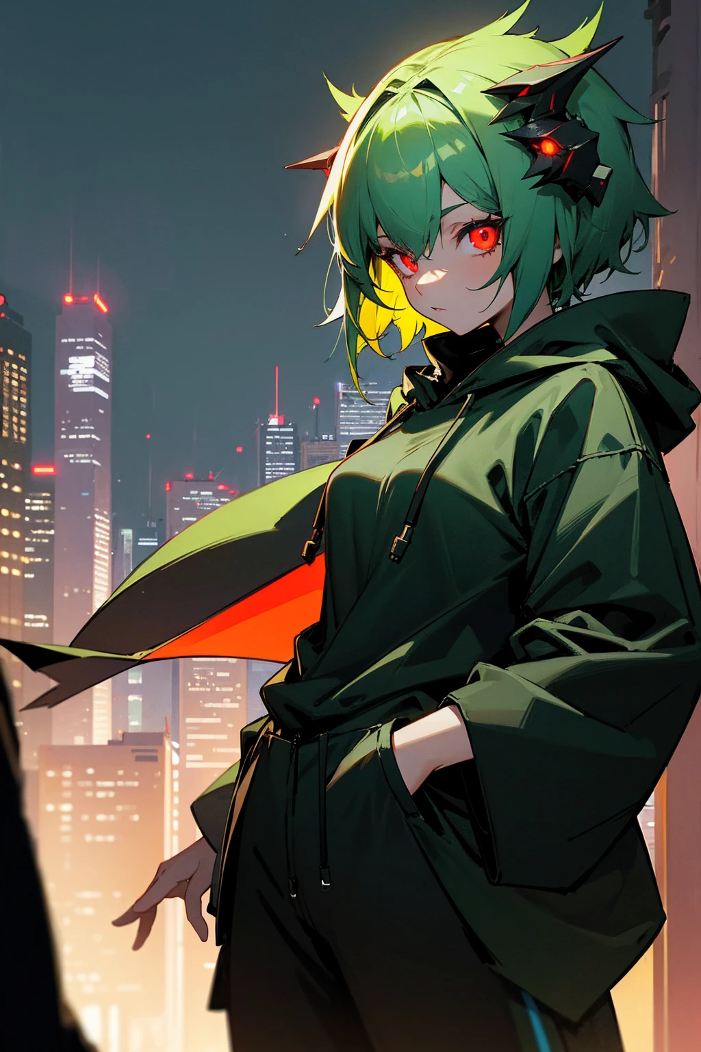 1female, short hair, green hair, black hoodie, hood on head, red eyes, baggy black pants, glowing eyes, city background, detailed background, hands to side, standing on path
