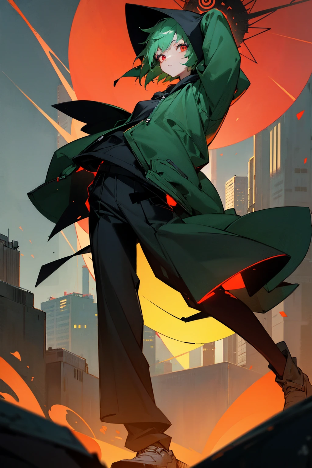 1female, short hair, green hair, black hoodie, hood on head, red eyes, baggy black pants, glowing eyes, city background, detailed background, hands to side, standing on path